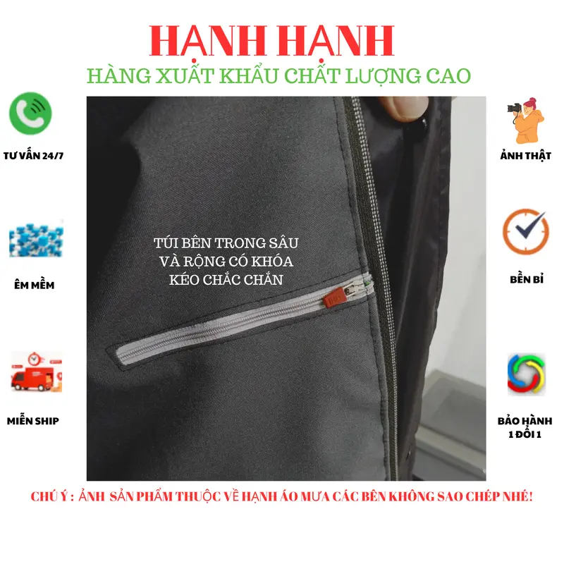 1 bộ áo mưa 4 lớp kiêm áo gió dành cho nam nữ, cao cấp có dây rút mũ, 3 túi có khóa, gồm 1áo+1quần,  siêu chống nước dành cho người lớn và cho bé mũ liền thân - ĐEN 1 4