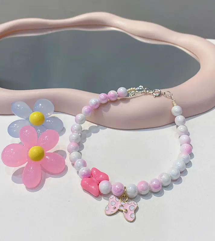 Dây Đeo Cổ Mèo, Chó Cưng Dễ Thương, Vòng Hạt Châu Ánh Tím Đa Sắc Mix Charm Ngộ Nghĩnh 0