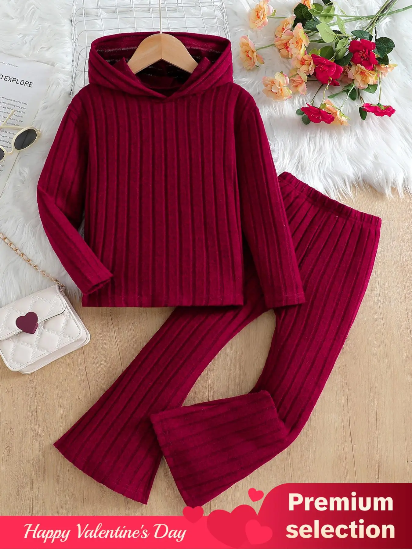 Two-Piece Set Girl's Solid Ribbed Hooded Top & Flare Leg Pants Set, Casual Long Sleeve Top & Trousers for Fall & Winter, Kids Clothes for Daily Wear Valentine's Day, gift