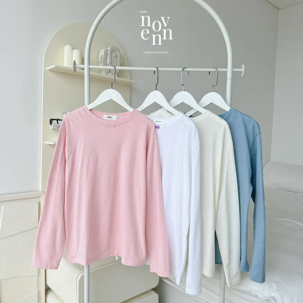 Áo Thun Tay Dài Nữ Xược Gắn Nút Xinh Xắn Mùa Thu - NEONVN Áo thun nữ tay dài chất xược cổ tròn mềm mại, mùa thu ấm áp