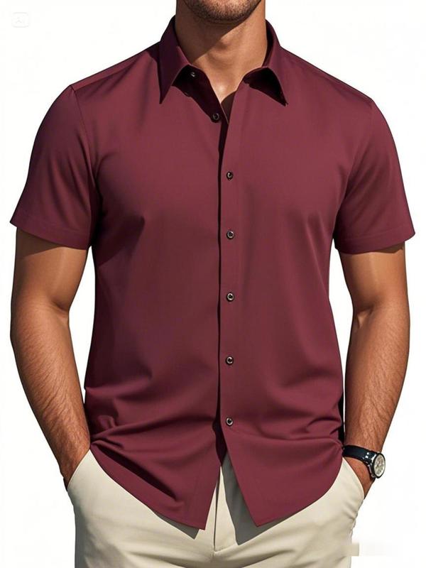 Men's Regular Fit Solid Short Sleeve Shirt, Casual Button Down Collared Top for Summer, Fashion Men's Clothes for Daily Wear 4