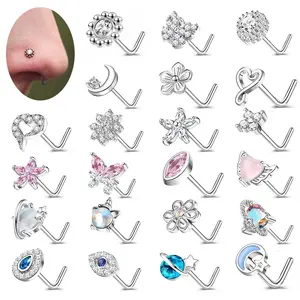 1 PC Butterfly Devil Eye Nose Piercing Stainless Steel Cute Cat Nostril Piercings Flower Moon Pink Crystal Nose Studs