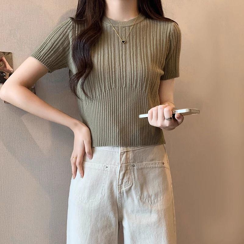Áo Thun Len, Màu Trắng, Vai Và Tay Ngắn, Dành Cho Nữ, Hàng Mới Về Xuân / Hè, Cổ Tròn, Bó Sát Eo, Mỏng Vừa Vặn, Áo Bên Trong Ngắn Cô Gái Nóng Bỏng 5