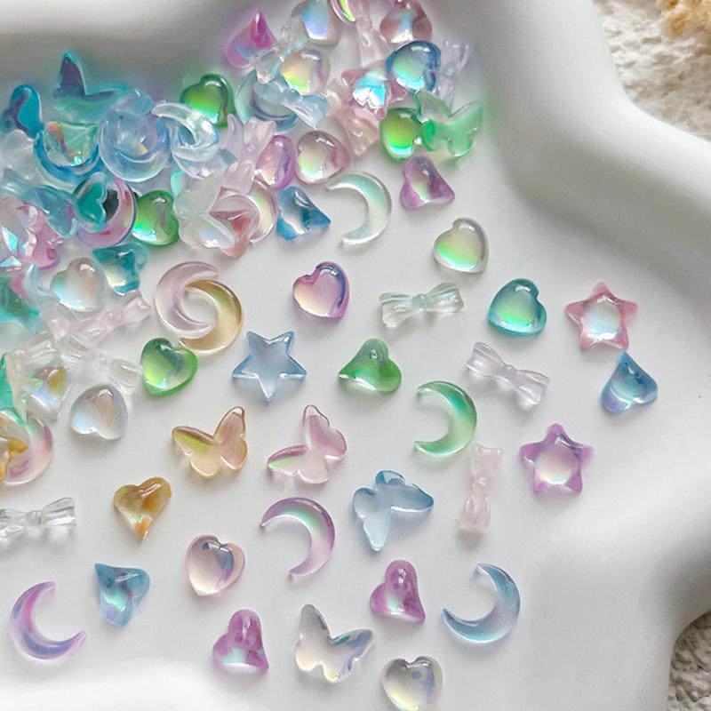 Trang Sức Resin Màu Ma Thuật Cực Quang Nghệ Thuật Làm Móng, Đáy Phẳng, Mặt Trăng Băng Trong Suốt, Bướm Hình Trái Tim, Khoan, Đồ Trang Trí Móng Tay, 50 Cái 2