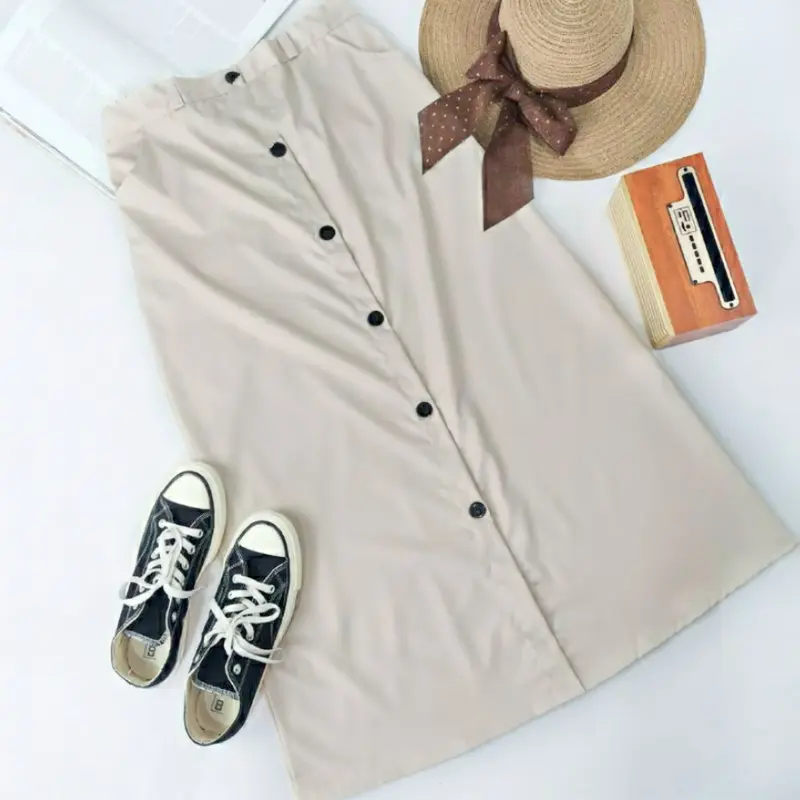 Casual Button Skrit Rok Panjang Mode Kancing terbaru dan kekinian Polos Belakang Karet Wanita A-Line Polos 0