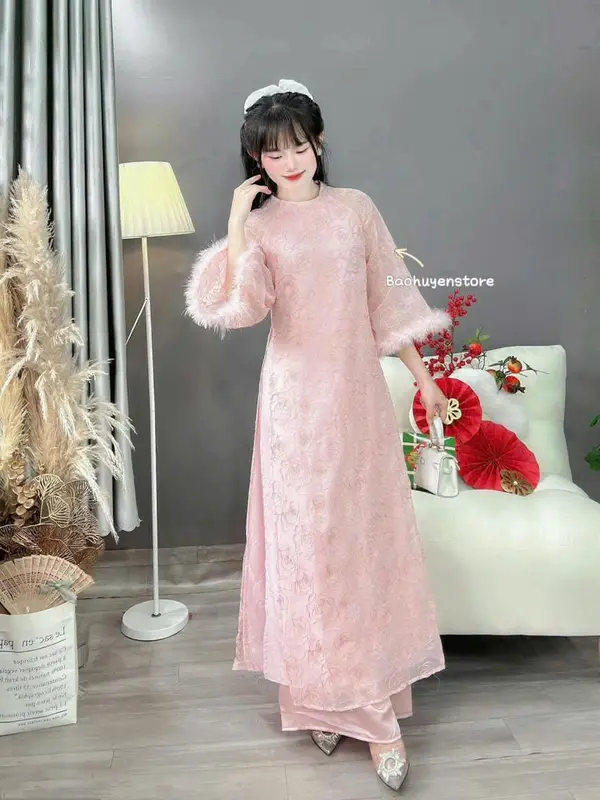 Áo dài Von tơ thêu phối tay nông cách tân hot trend chụp anh đi chơi du xuân 2025 Nữ Women Dress Cổ Tròn Voan 0