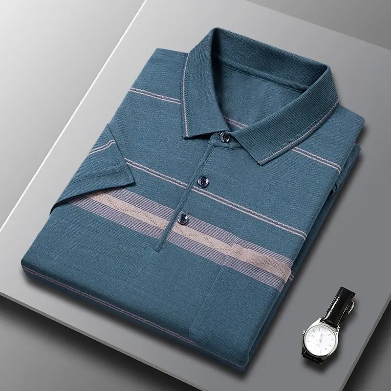 [TẶNG BỐ] Áo thun len lạnh Nam Trung Niên Cộc Tay Quảng Châu Menswear Top Polo Có Cổ Ngắn Tay 5