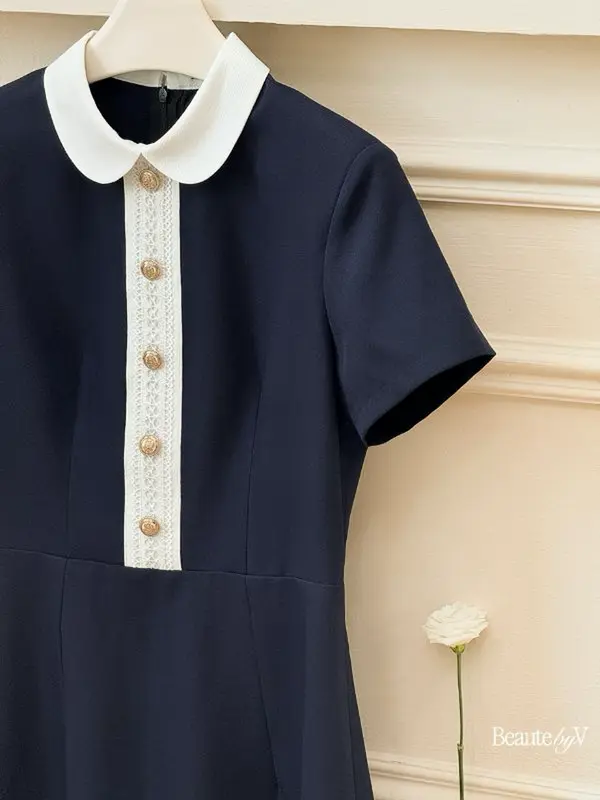 BEAUTEBYV - Váy nữ dáng A phối cổ sen trắng đính cúc giả trang trí Hazel 4