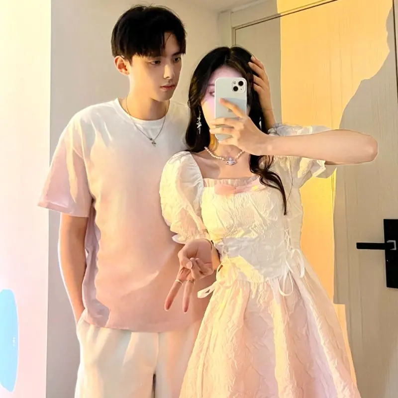 Super Fairy Couple's Summer Clothes French Sweet Gradient Color Girl Dress Different Simple Loose T-shirt Fashion