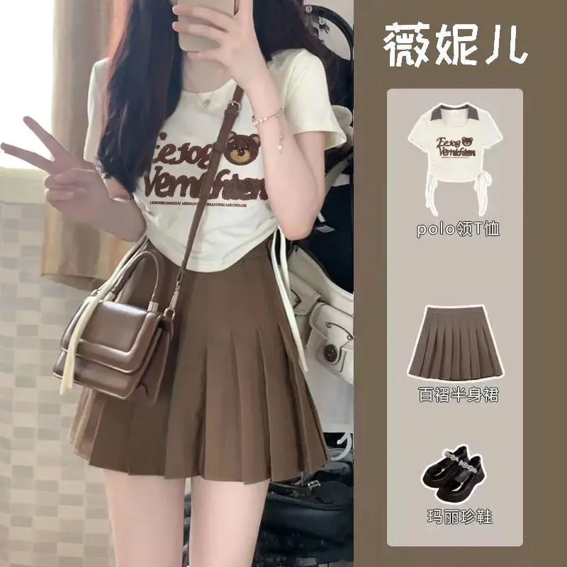 Bộ Đồ Hai Mảnh, Phong Cách Hàn Quốc, Dành Cho Nữ, Áo Phông ngắn Tay Buộc Dây Dây Rút, Váy Xếp Ly Thời Trang, Cỡ Nhỏ Vừa Vặn, Bộ Số 7.4