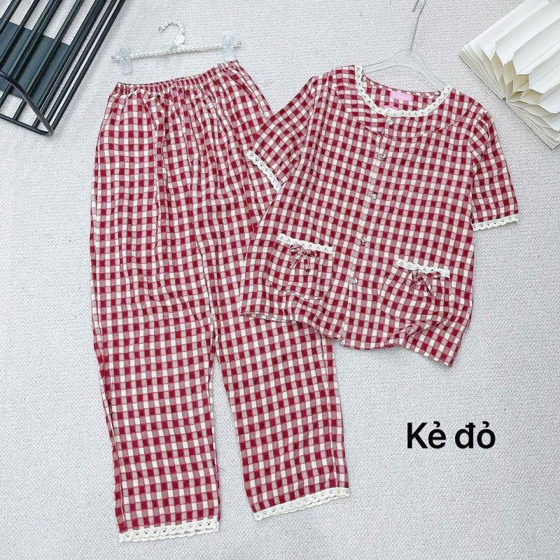 Bộ REN Tay ngắn quần dài ka ro kẻ  vân mây có phối ren có túi 2 bên xinh xỉu giành cho nữ mặc mùa thu-thu đông mặc xinh xỉu Top Women