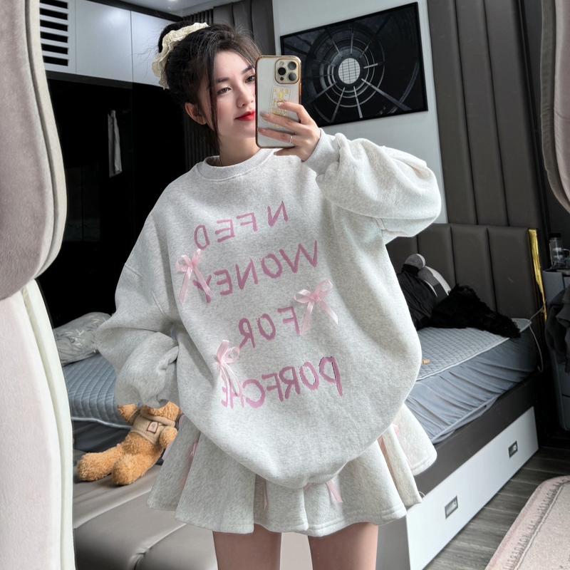 Sét váy áo sweater chân váy nơ xoè nỉ tàu l1 - Women Pants Top Jacket