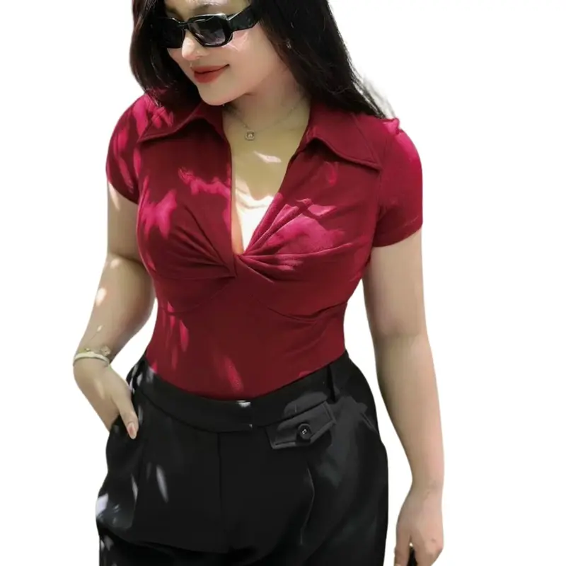 Áo Thun Nữ Bigsize Tay Ngắn Xoắn Trước Cổ Bẻ ESHOP Áo Kiểu Nữ Bigsize 45-85Kg Áo Phong Nữ Ôm Body Co Giãn Mùa Hè Đẹp Dễ Thương MS229 Top Áo Nữ Women 2