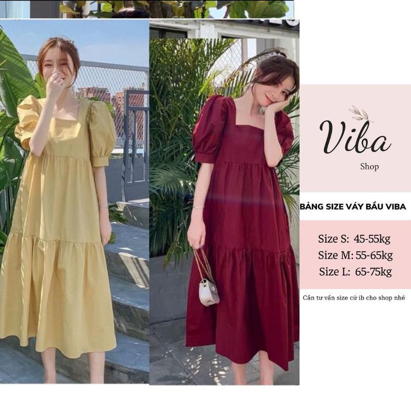 Váy bầu dáng dài VB38 đầm bầu cổ vuông tay bồng vàng đỏ
