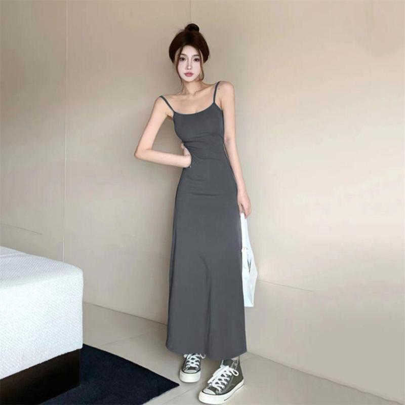 Product Introduction of Summer Dress Hot Girl Elastic Strap Dress Women Sleeveless Off-Shoulder Waist-Cinching One-Shoulder Base Long Dress 12