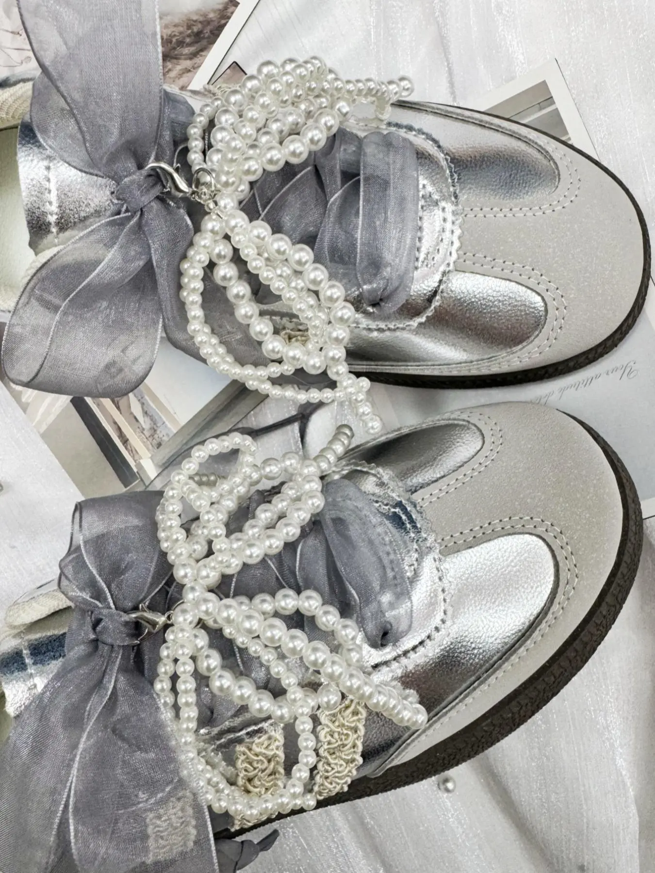 Faux Pearl Decorated Ballet Flats Shoes Laces, Cute Bowknot Design Shoes Jewelry for Women & Girls, Fashionable Shoes Accessories for Daily Wear