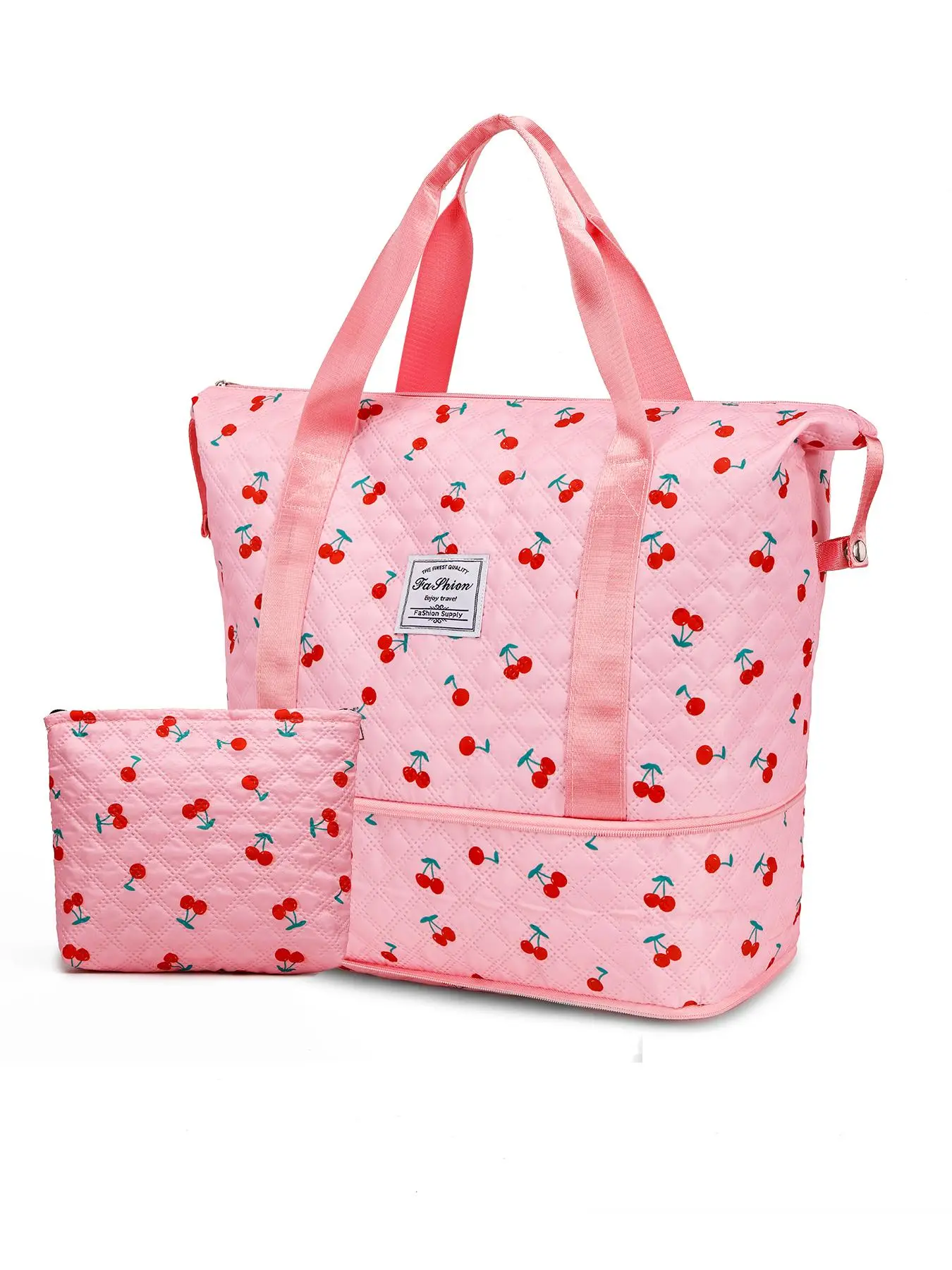 Random Cherry Print Large Capacity Travel Bag Set, Including Tote Bag & Bag Storage Bag, Lightweight Foldable Gym Bag, Yoga Bag, Packing Storage Bag
