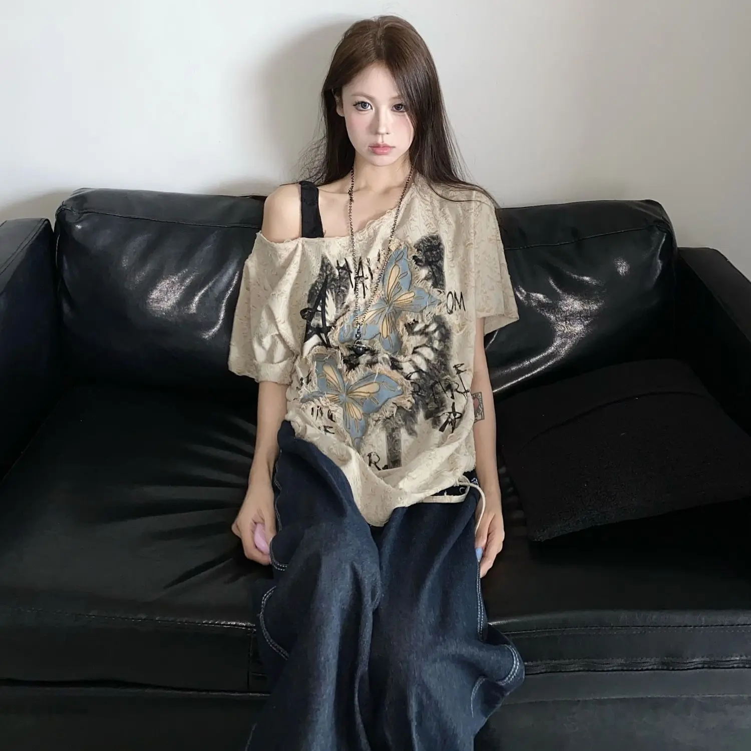 American Butterfly Print Short-Sleeved Women's Summer Sweet Cool Style Pleating off-Shoulder T-shirt Chic Strap Commuter Top Trendy