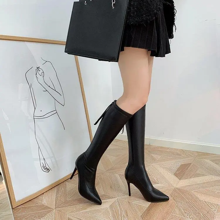Korean Style Black Pointed Toe Stiletto High Heel Over-the-Knee Boots for Women Slimming High Tube Boots New Martin Boots Riding Boots Pedal