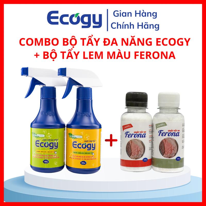 COMBO Bộ tẩy đa năng Ecogy 600g 2 chai + Bộ tẩy lem màu quần áo Ferona 200g 2 chai Hỗ trợ làm sạch vết mốc thâm kim vết loang màu vết dầu mỡ trên quần áo; Bộ tẩy đa năng dạng nước Bộ tẩy quần áo bị lem màu Ferona 200g 2 chai dạng bột Kem
