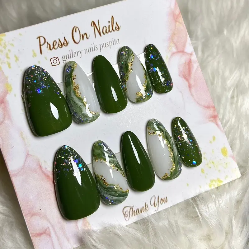 Nail art hijau marbel || kuku pasangan hijau || nail art satu set lem || nail cantik I| pres on nails murah Il kuku pasangan Il nail art weding Il nail art simpel 1