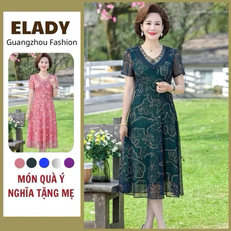 Đầm trung niên AD1081, váy trung niên cho mẹ dự tiệc cao cấp chất vải voan 2 lớp đẹp nhẹ, mịn mát co giãn 4 chiều
