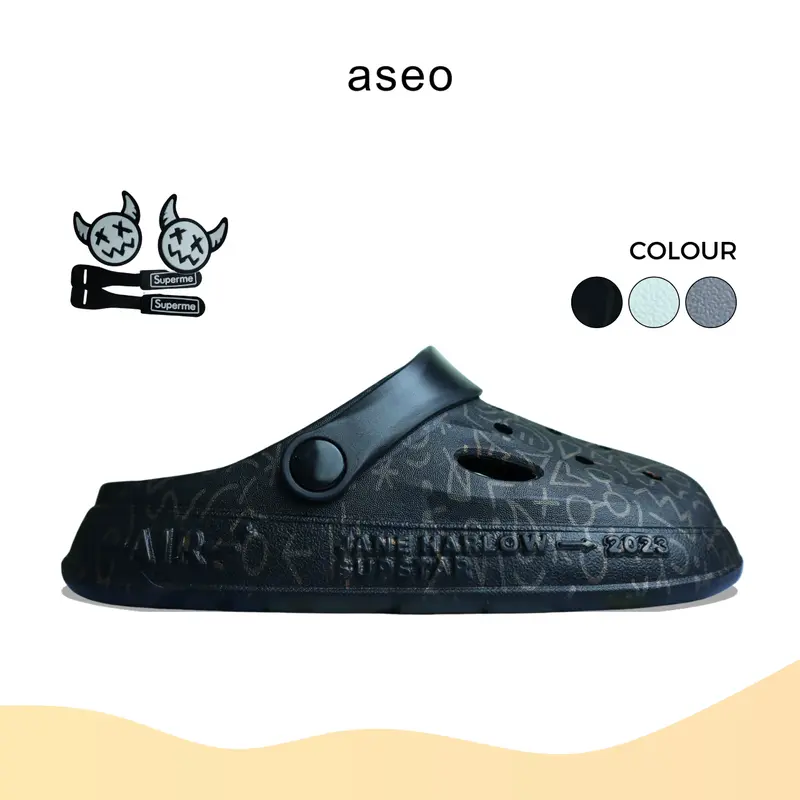 Aseo Sandal Pria Wanita Couple Dewasa  Baim Clog Terbaru Lebaran 2025 Slip on Kodok Sandal Cowok Dewasa Kekinian Import Korean Style Anti Slip Karet Rubber Lucu H173 Black Sendal 0