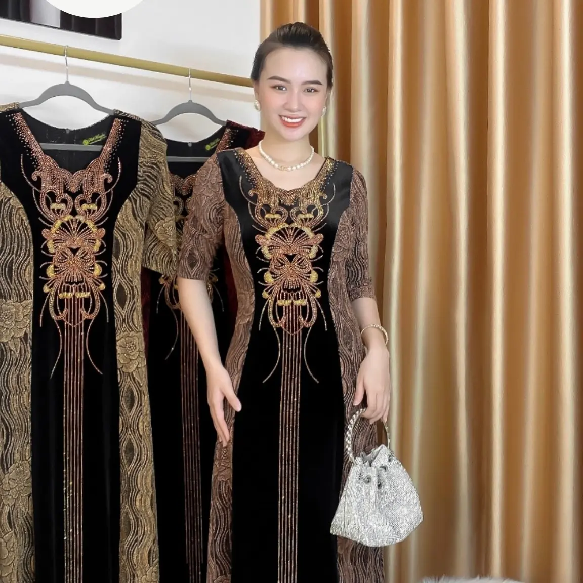 M600 Đầm trung niên dự tiệc ép đá đính kết thủ công thanh lịch sang trọng Nữ Dress Váy Women Thun Đỏ