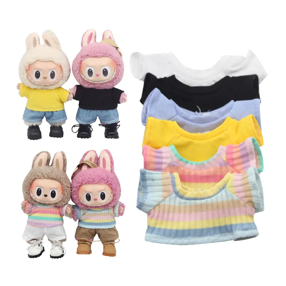 TK Plush Doll'S Clothes Outfit Accessories For Labubu Idol Dolls 10cm cotoon doll T-shirt denim shorts set Clothing