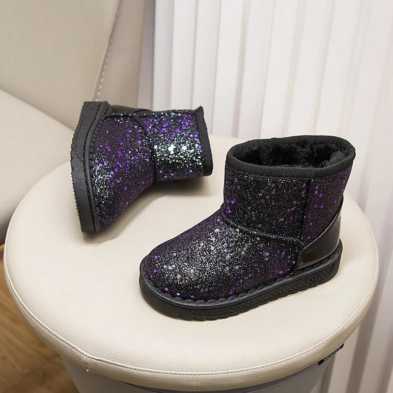 Product Introduction of Winter Girl's Snow Boots Glimmer Three Colors Thick Fur Kids Short Boot Warm Beautiful Stylish Slip-on Children Shoes 25-36 23