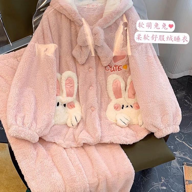 [QC]Bộ ngủ nữ lông  dài tay thỏ nơ mềm mại ấm áp Women Áo Quần Ngủ Áo Ngủ Pijama Bộ ngủ Xưởng may Sm