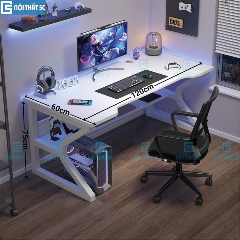 Bàn gaming, bàn làm việc Nội Thất 5C -Model 1 Magnus chân chữ K cong hộp 20x40cm sơn tĩnh điện kèm kệ lửng, bàn để PC laptop có 2 nắp luồn dây điện, chịu lực tốt, mặt bàn gỗ mdf dày 15mm thiết kế gaming cá tính [Nội Thất 5C]