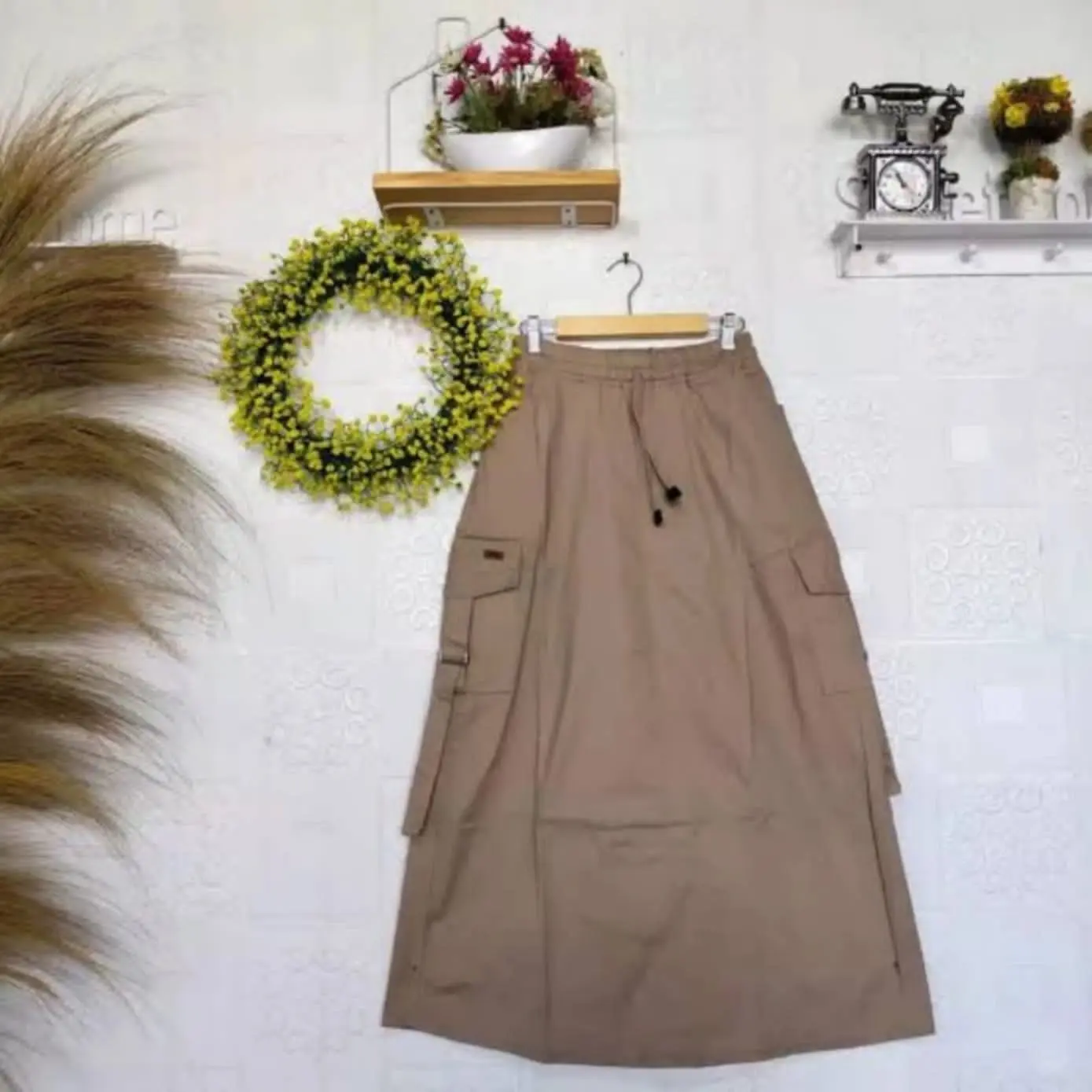 Rok Cargo Wanita Panjang / Rok / Rok Jeans / Rok Cargo / Rok Jeans Wanita / Rok Wanita / Rok Span Low Waist Slim-fitting Polos A-Line Hitam Serut Linen High Putih