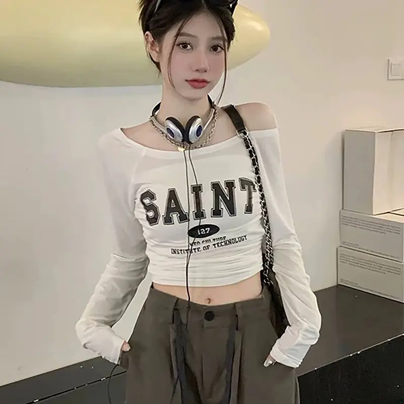 Autumn Women Letter Print Off Shoulder Long Sleeve T-shirt Fashion  Crop Top