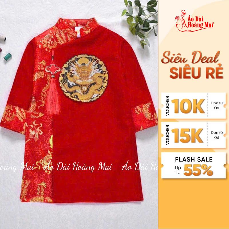Áo Dài Cách Tân Bé Trai Bigsize – Thêu Mặt Rồng Phối Gấm Tròn Ngực Kèm Khánh – Dự Trung Thu & Tết – Hoàng Mai