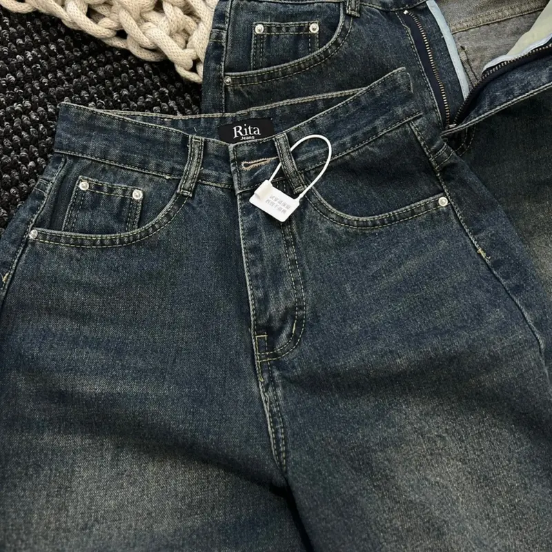 (RITA JEAN)A1 Quần Jean Nữ Ống Rộng Lưng Cao Trơn QC Mềm Lai Cuốn Màu Xanh Dài 104cm Rita Pants Women Denim 3