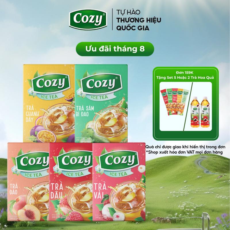 [DEAL ĐỘC QUYỀN] Combo Thanh Mát 5 Hộp Trà Đen Hòa Tan Cozy Tea Best Seller (Hộp 16 Gói) Trà Đào, Trà Dâu, Trà Vải, Trà Chanh Dây, Trà Sâm Bí Đao Các Vị Trà Hòa Tan, Ngon Rõ Vị, Vị Rõ Ngon, Chua Ngọt Dễ Uống, Nước Trà Thơm, Chè Sạch Tươi Nguyên Chất