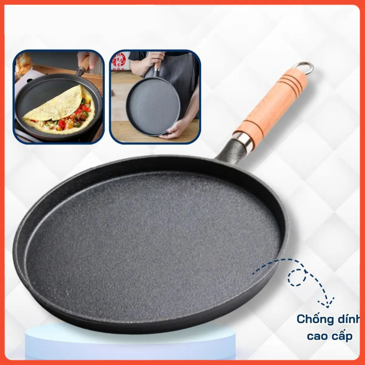 chảo chống dính，Chảo Gang Làm Bánh Chống Dính, Chảo Gang Bánh Xèo, Chảo Rán Chống Dính Size 26cm Dùng Được Bếp Từ