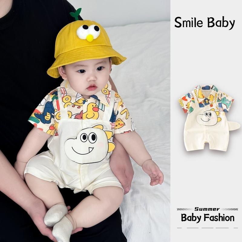 Quần Áo Trẻ Em Bộ Đồ Áo Liền Quần Ngắn Tay, Hàng Mới Về Mùa Hè, Làm Bằng Bông, Mỏng, Thời Trang, Thiết Kế Khủng Long Hoạt Hình, Thích Hợp Cho Bé 0-24 Tháng Jumpsuit
