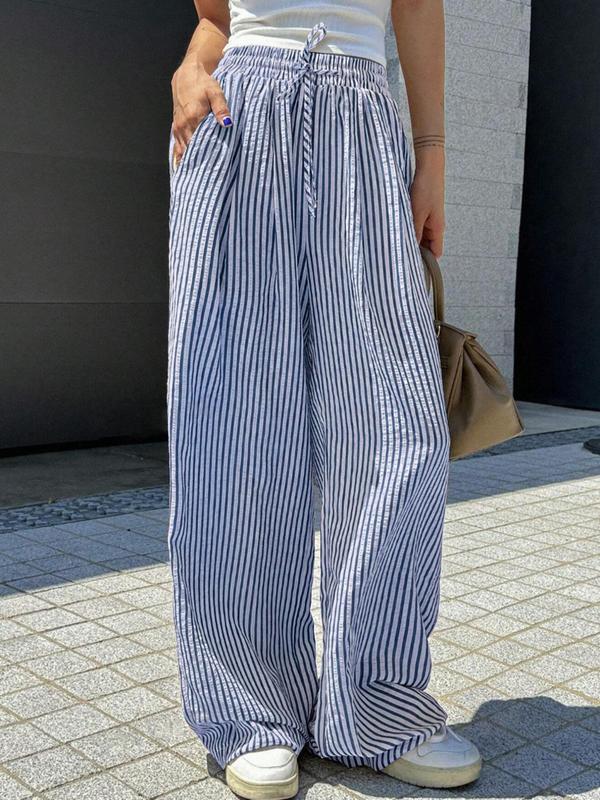 Women's Striped Print Drawstring Waist Wide Leg Pants, Casual Pocket Trousers for Daily Wear, Ladies Bottoms for All Seasons 2