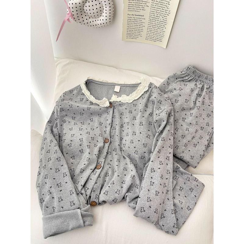 Bộ Đồ Ngủ Nhung, De Mới, Dành Cho Nữ, Mùa Thu Và Mùa Đông, Áo Cardigan Dày, Ren Thanh Lịch, Quần Dài Tay, Bộ Đồ Mặc Nhà Ngọt Ngào 6