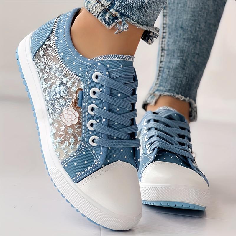 Women's Floral Mesh & Cover Casual Sneakers - Breathable Low-Top Lace-Up Round-Toe Shoes with PU Sole for Casual Attire, Ladies Sneakers, Comfortable Footwear, Durable Traction Footwear 8