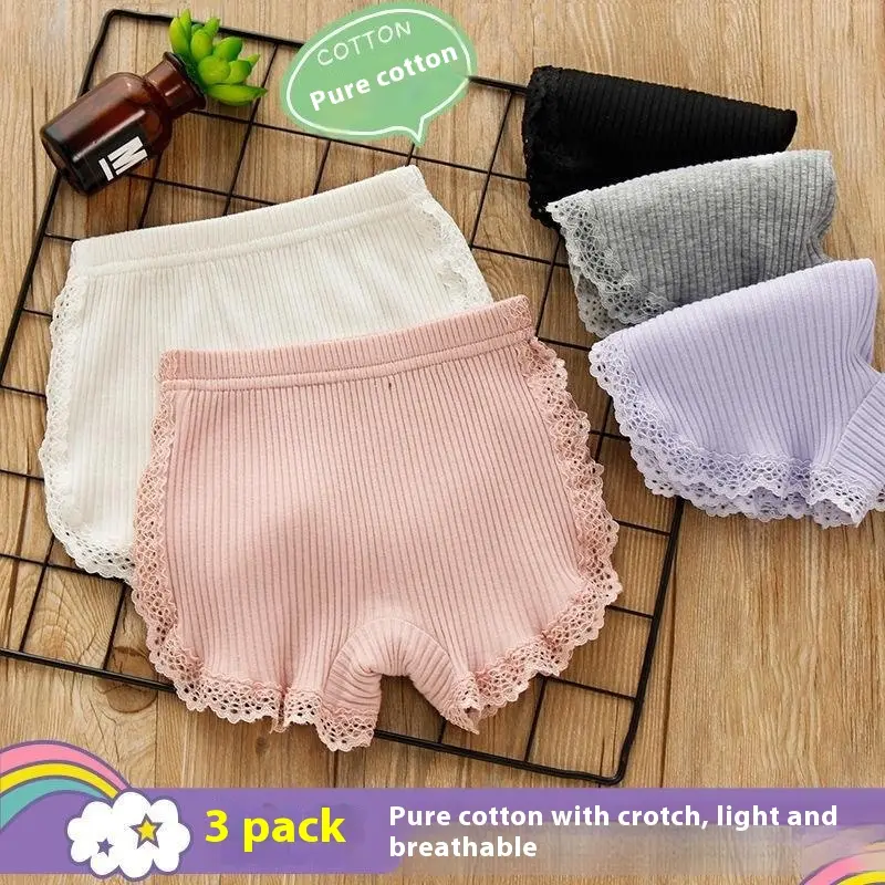 Girls' Anti-Exposure Underwear, Lace Cotton Three-Quarter Shorts, Thin Base Shorts for Summer