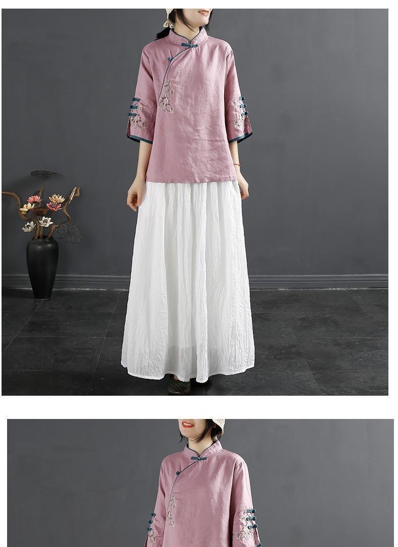 Product Introduction of Oemg2024 Summer New Chinese Style Retro Cotton and Linen Shirt Women's Chinese Style Stand-up Collar Frog Button Top Embroidered Cotton Tea Clothes 23