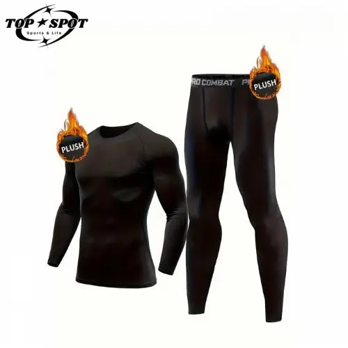 2pcs Thermal Underwear Set, Men's Quick Dry Fleece Compression Shirt & Comfy High Stretch Breathable Leggings For Outdoor Sport Clothing Pakaian
