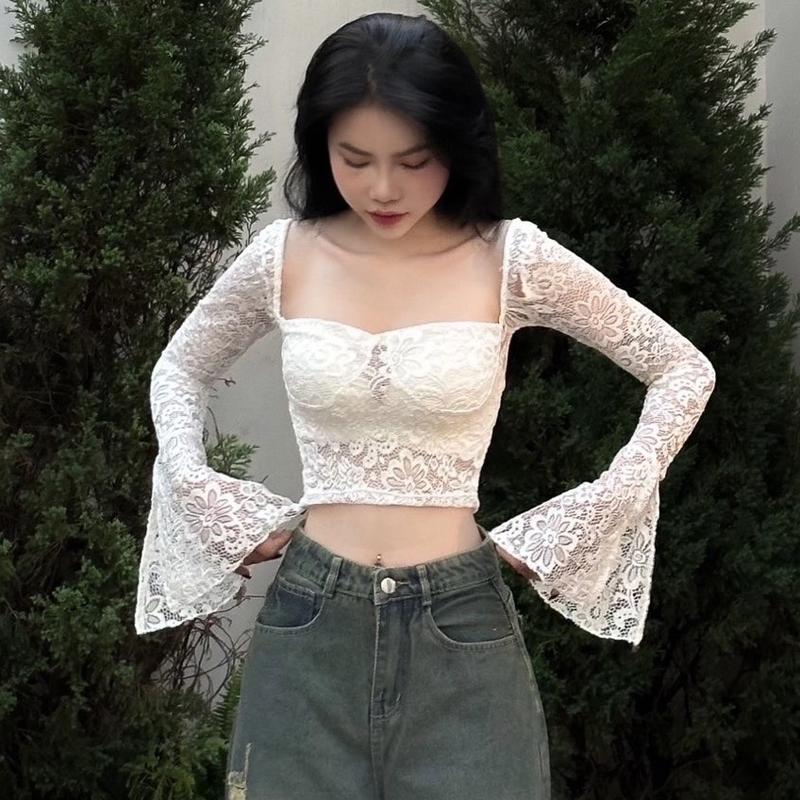 Áo Ren Cúp Ngực Cổ Vuông Tay Dài Ống Loe Không Mút Kiểu Dáng Quyến Rũ
