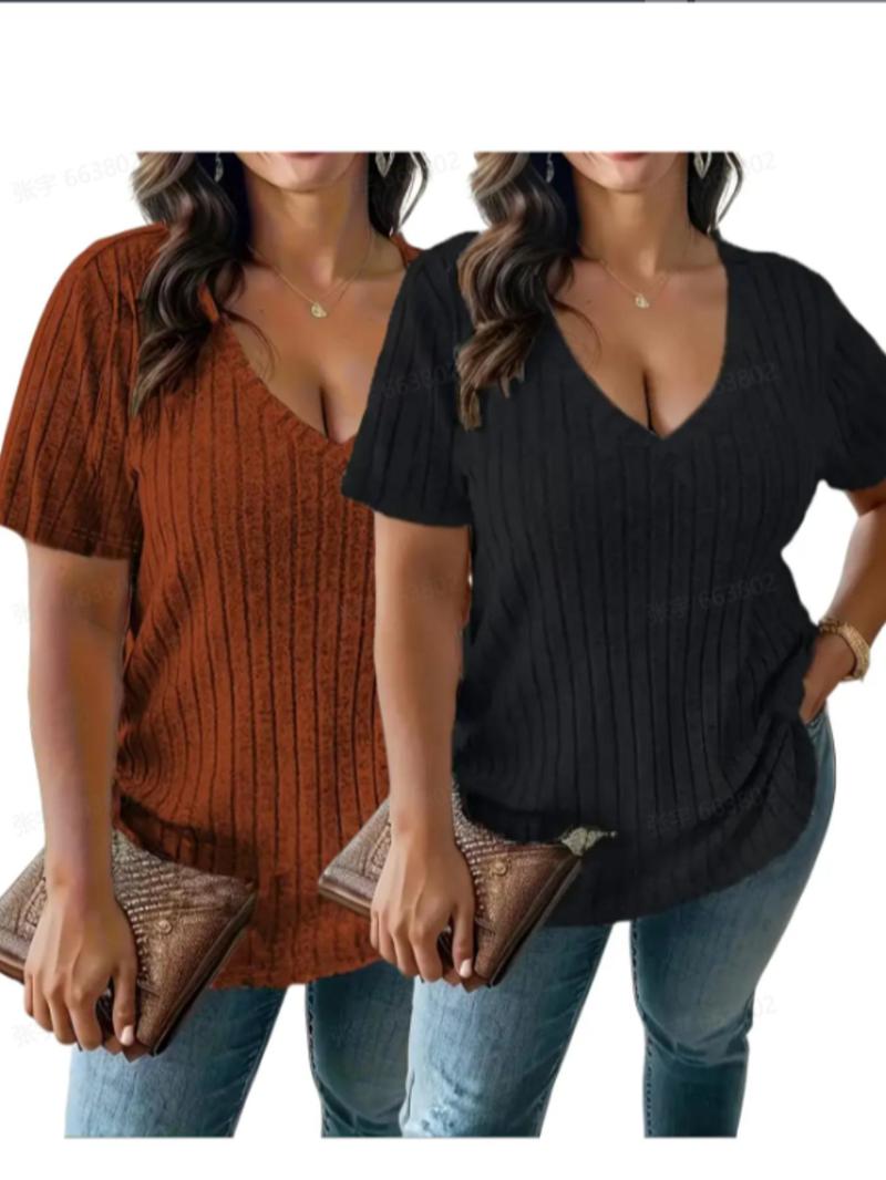Product Introduction of Plus Size Plain V Neck Tee, Casual Short Sleeve T-shirt for Summer, Women's Plus Clothing for Daily Wear 4