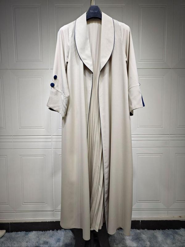 Arabic Clothing-Solid Fake Buttons Plicated Abaya, Elegant Split Sleeve Shawl Collar Outerwear, Women's Islamic Clothing For Spring & Fall 3