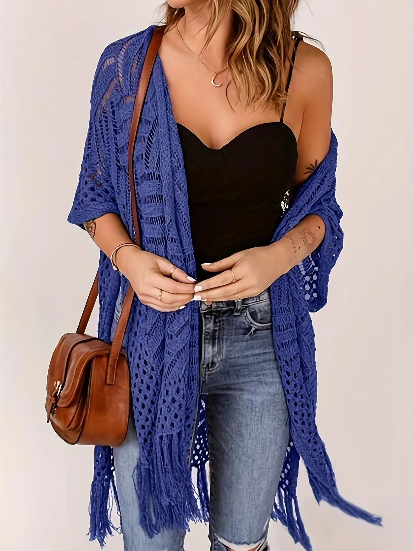 【Plus Size】 Women's Plain Cardigan, Casual 3/4 Sleeve Cardigan for Beach Vacation, Ladies Knitwear for All Seasons, Womenswear