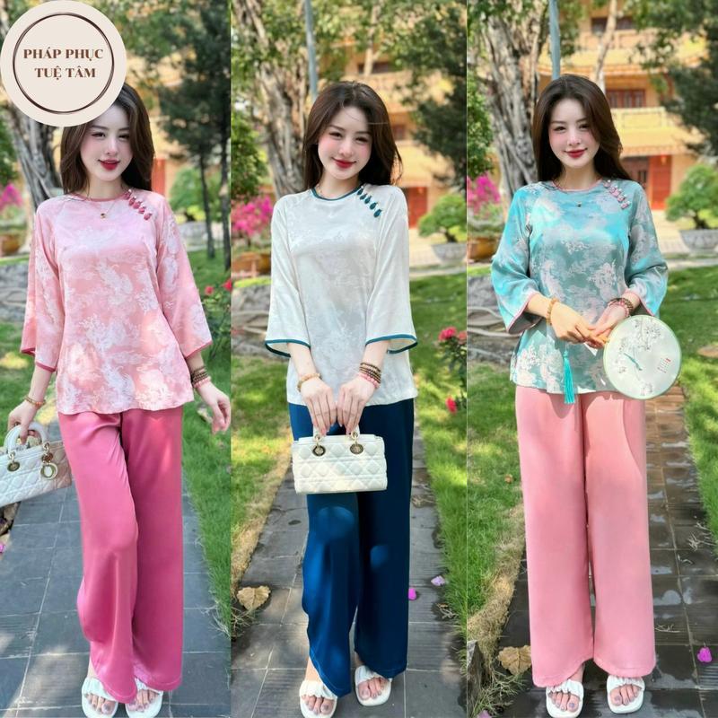 Set đồ lam đi chùa cổ tròn khuy tết lụa gấm hoa Pháp phục đi chùa tay lỡ Đồ bộ đi lễ cách tân Tay dài Có hoa Nữ Áo Women Top Kem Xanh sz l  thường
